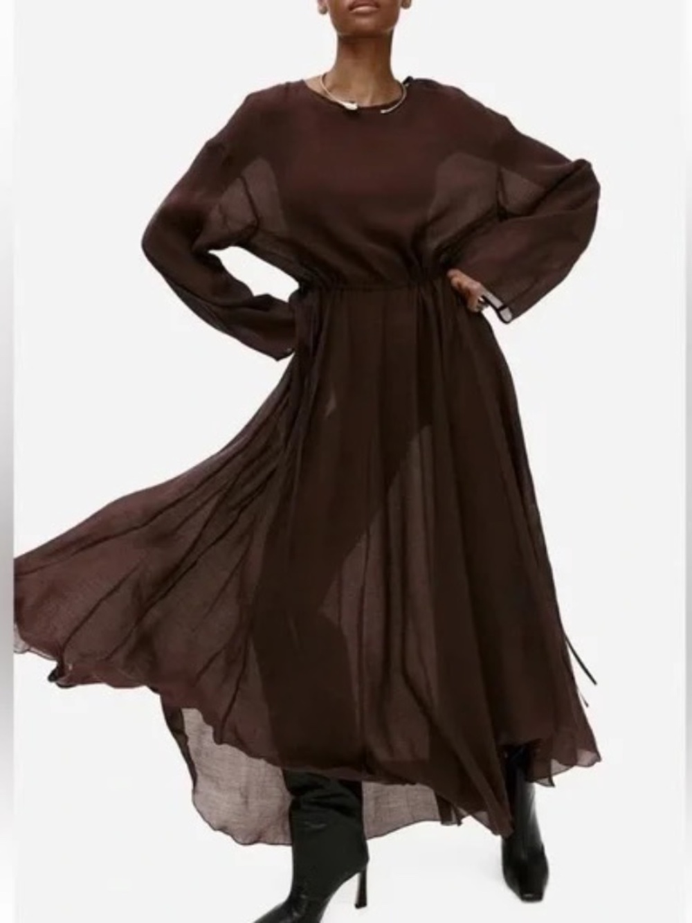 H&M Edition Brown Lyocell Drawstring Waist Long Sleeve Maxi Dress Size XXL